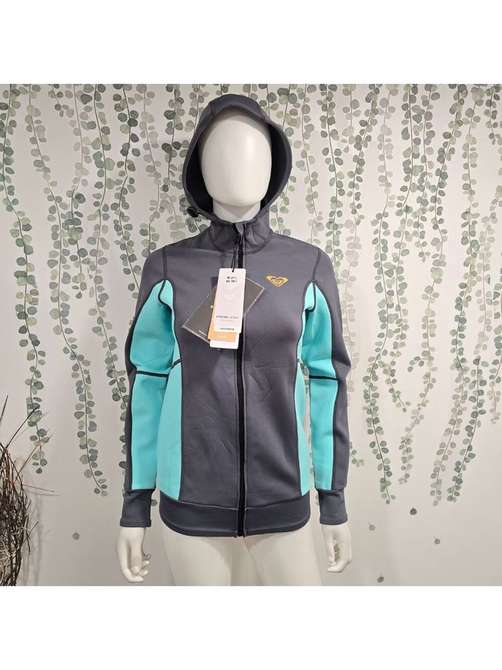 Roxy Syncro Neoprene Jacket Wetsuit Top Womens 6 Gray Teal Hooded Zip - Picture 6 of 14